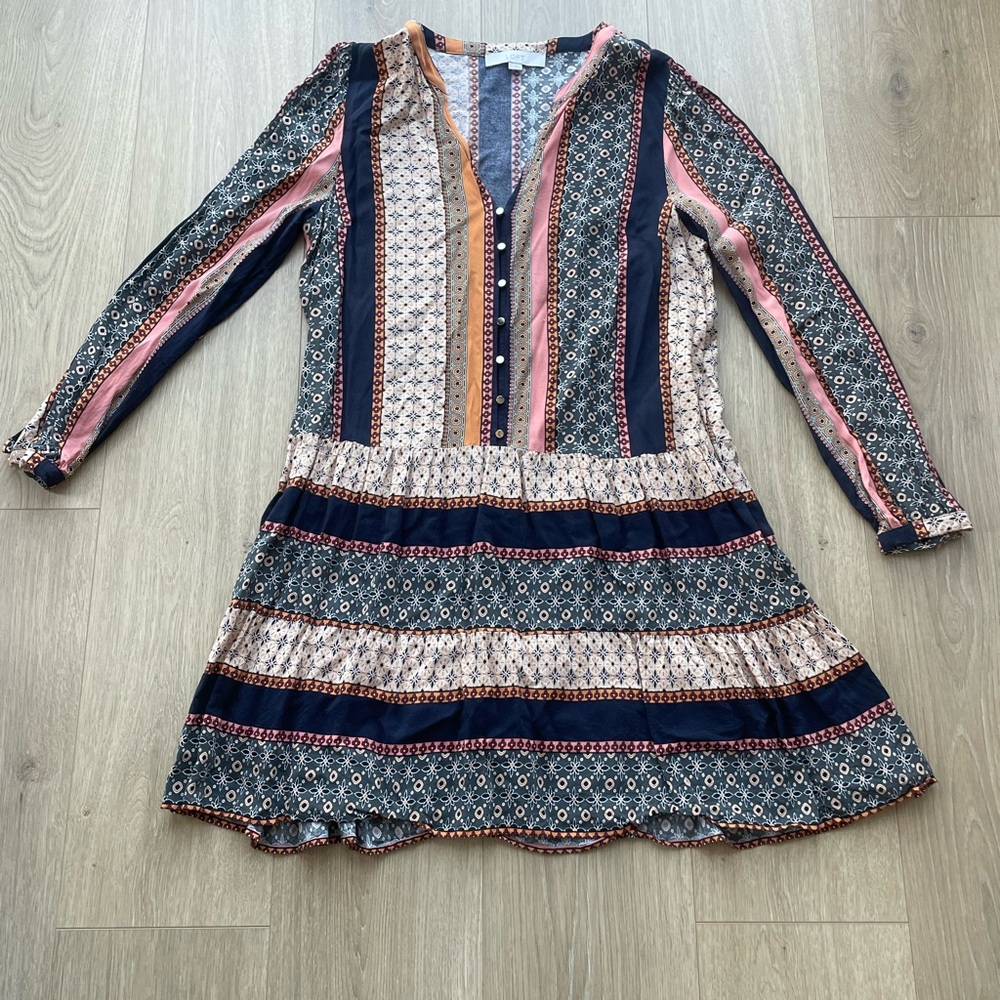 LOFT Navy Stripe and Floral Long Sleeve Swing Dress with Gold Buttons, M